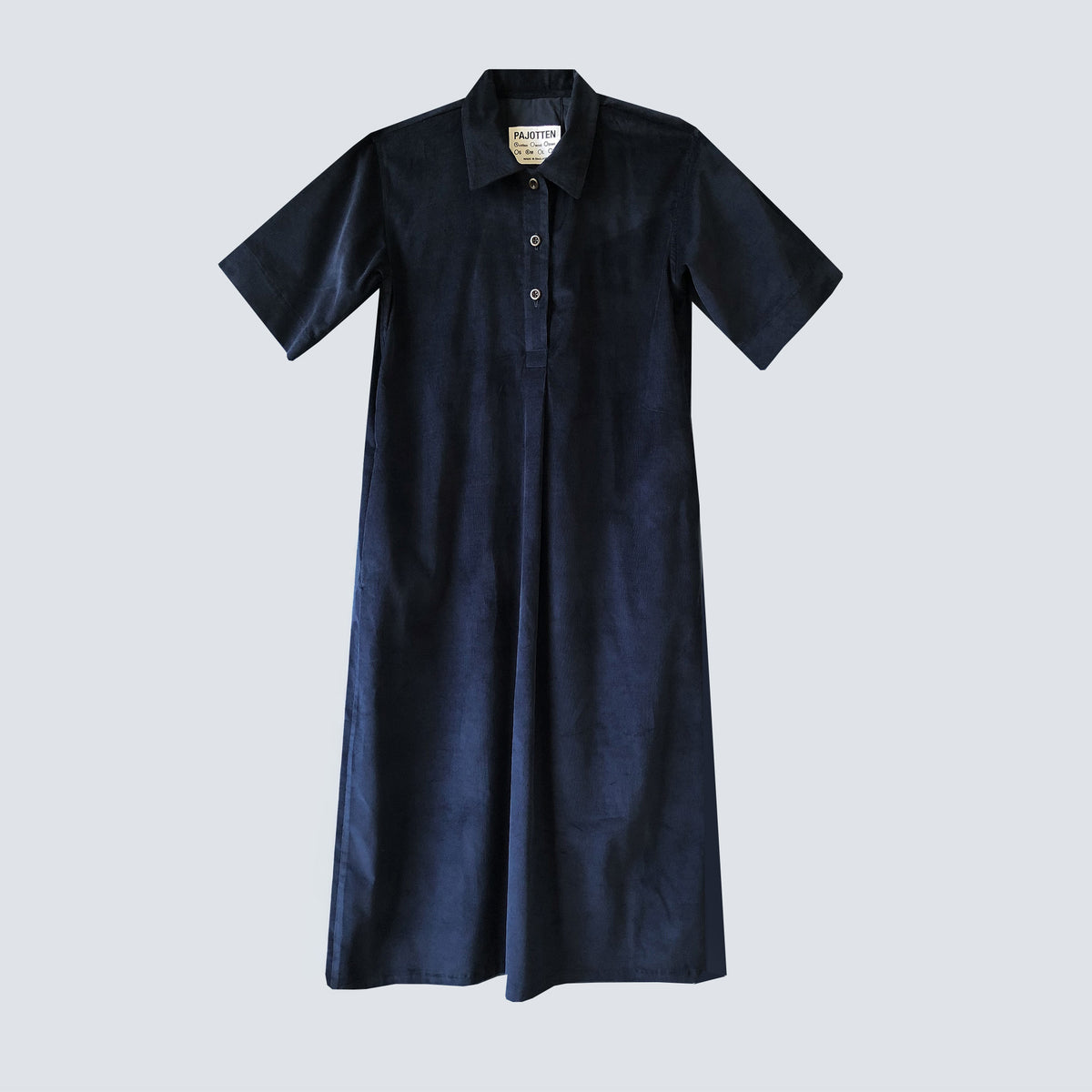 A dark navy blue short-sleeve collared shirt dress with a buttoned placket, shown flat against a light gray background.