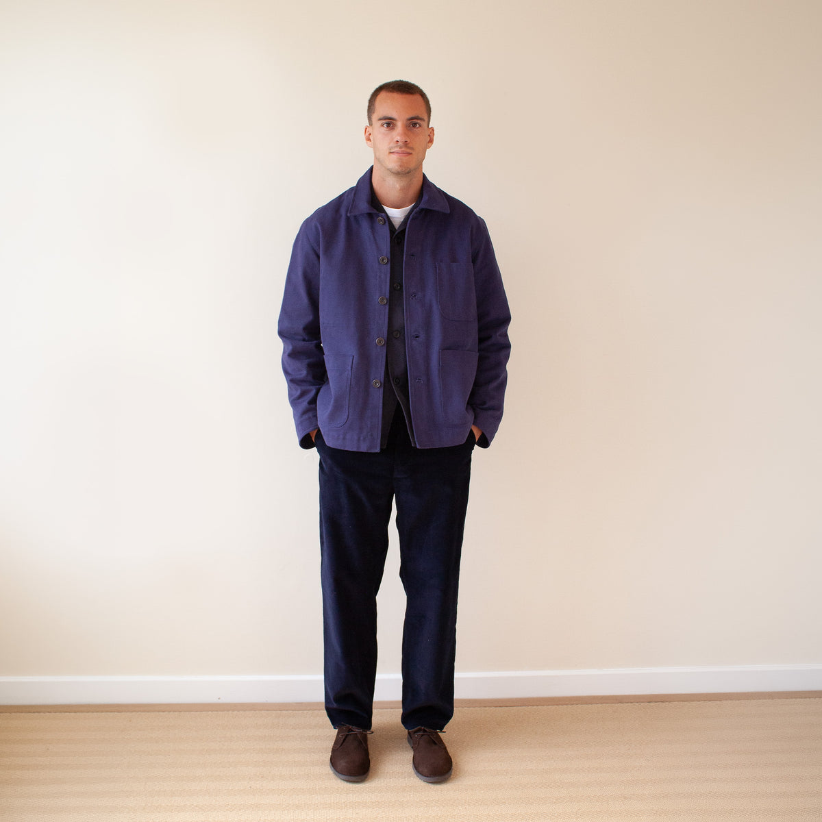 Traditional chore jacket in heavy brushed cotton twill - indigo