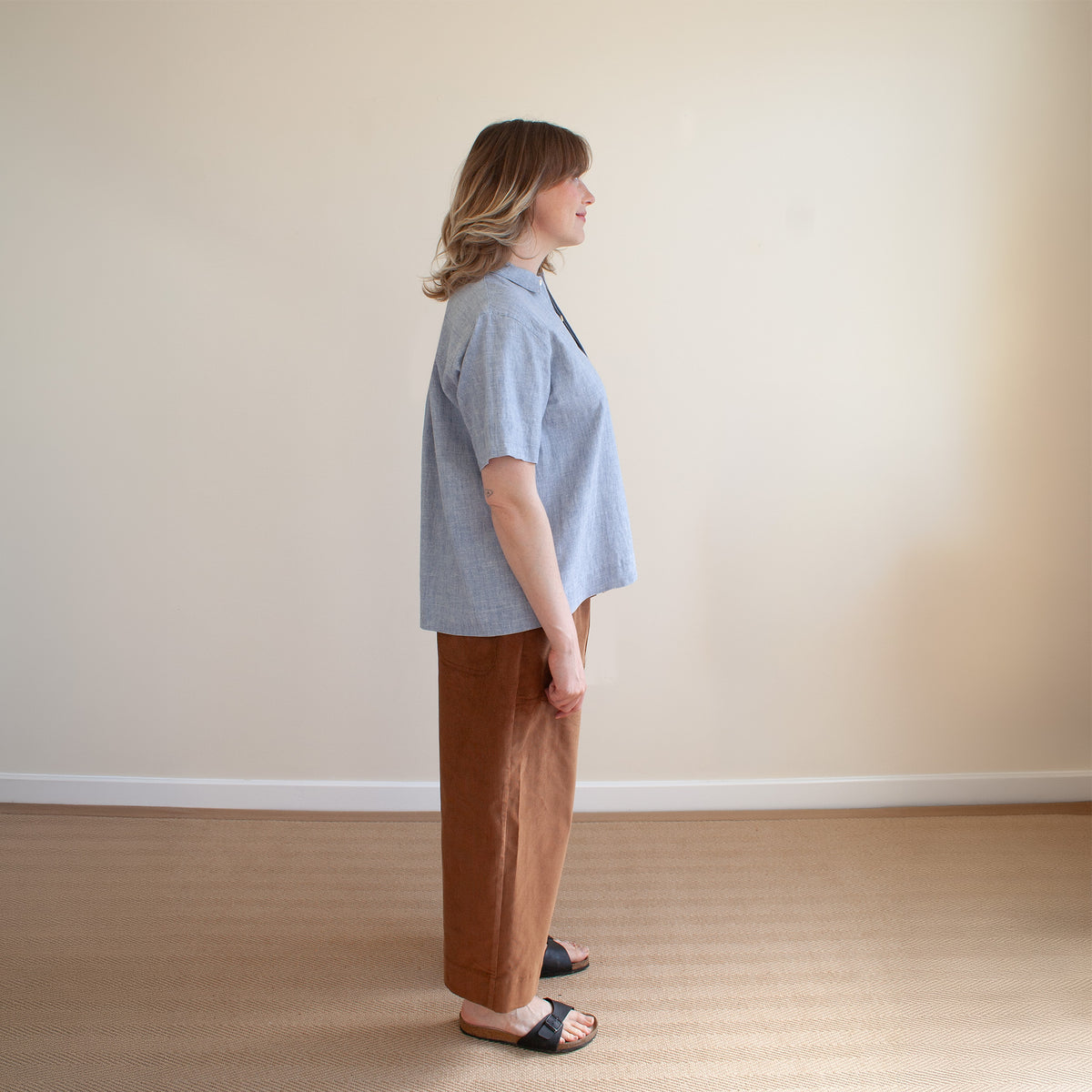 Short sleeved shirt sky blue hemp cotton mix