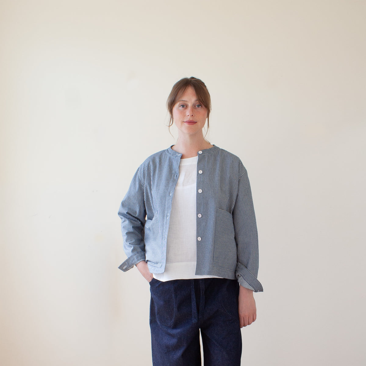 Pocketed overshirt in huckleberry stripe