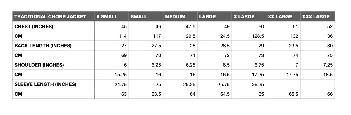Measurement chart for traditional chore jacket sizes with chest, back length, shoulder, and sleeve length dimensions.