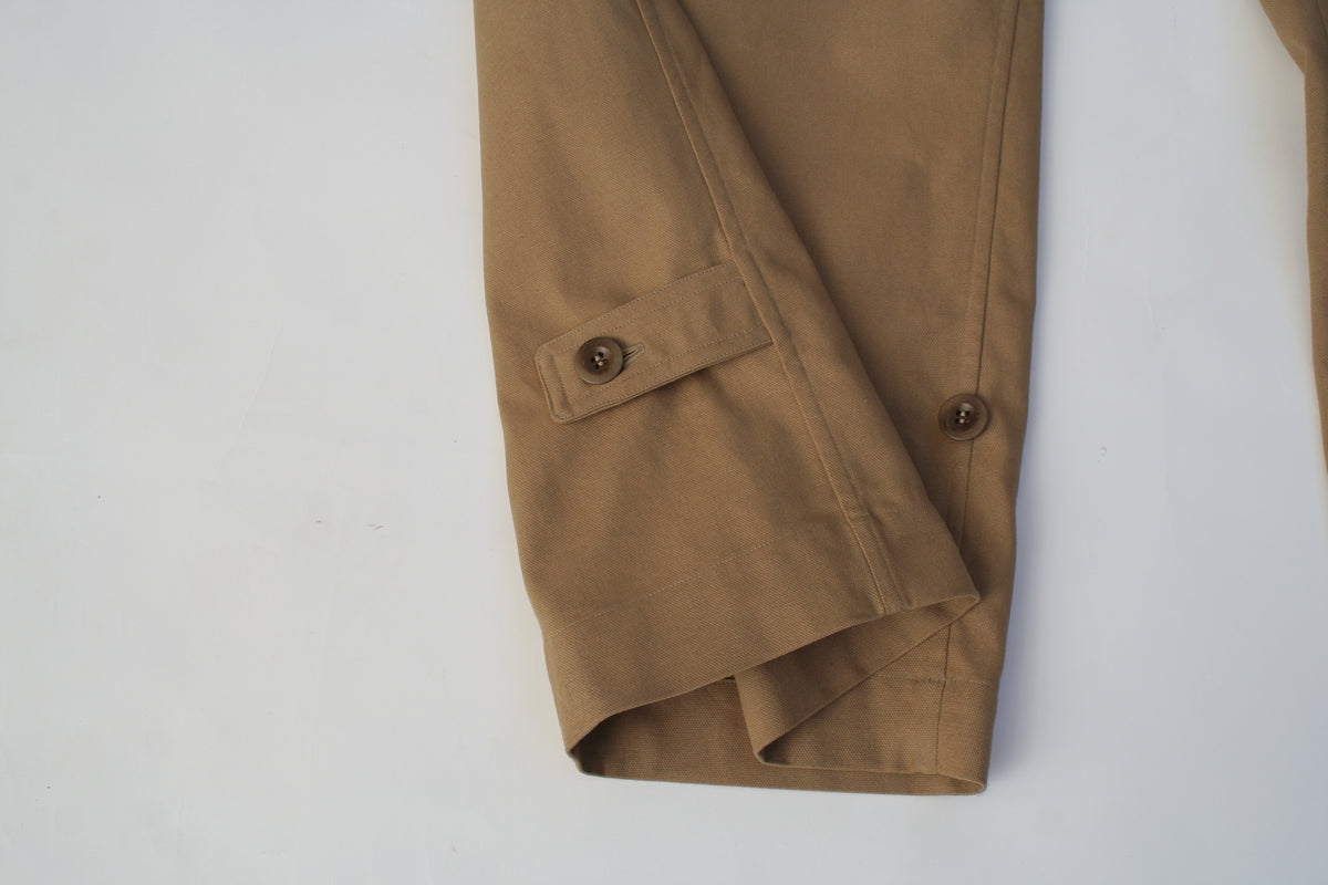 detail of pajotten UK sustainable menswear tan cotton overalls