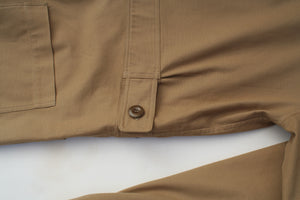 detail of pajotten UK sustainable menswear tan cotton overalls 