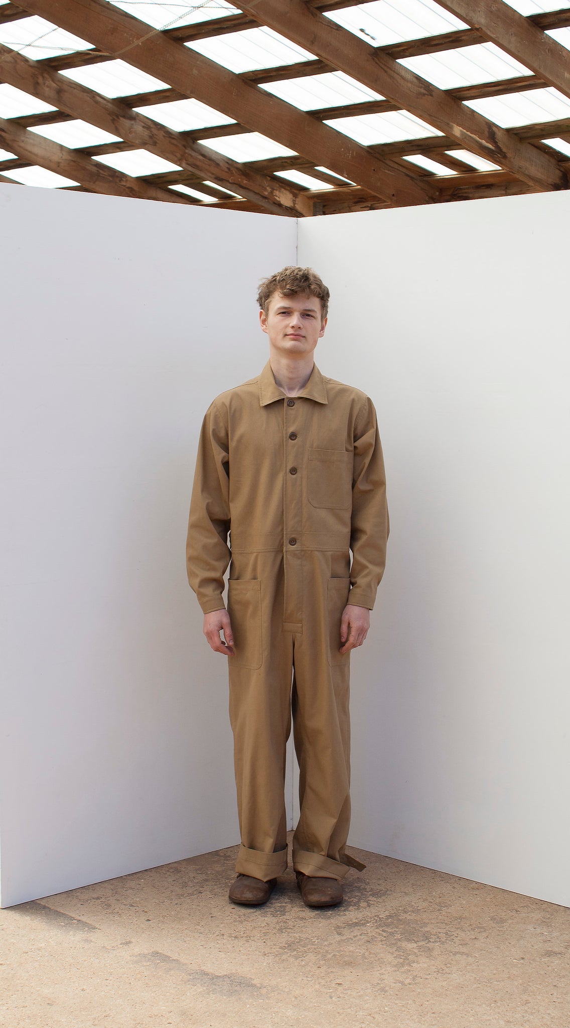 front view of pajotten UK sustainable menswear tan cotton overalls 