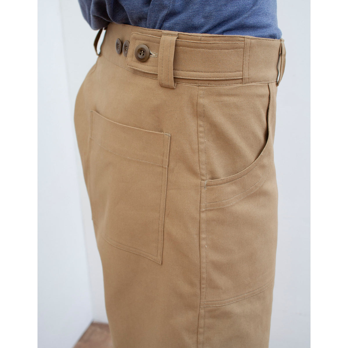 close up side view of British sustainably made menswear chore trousers