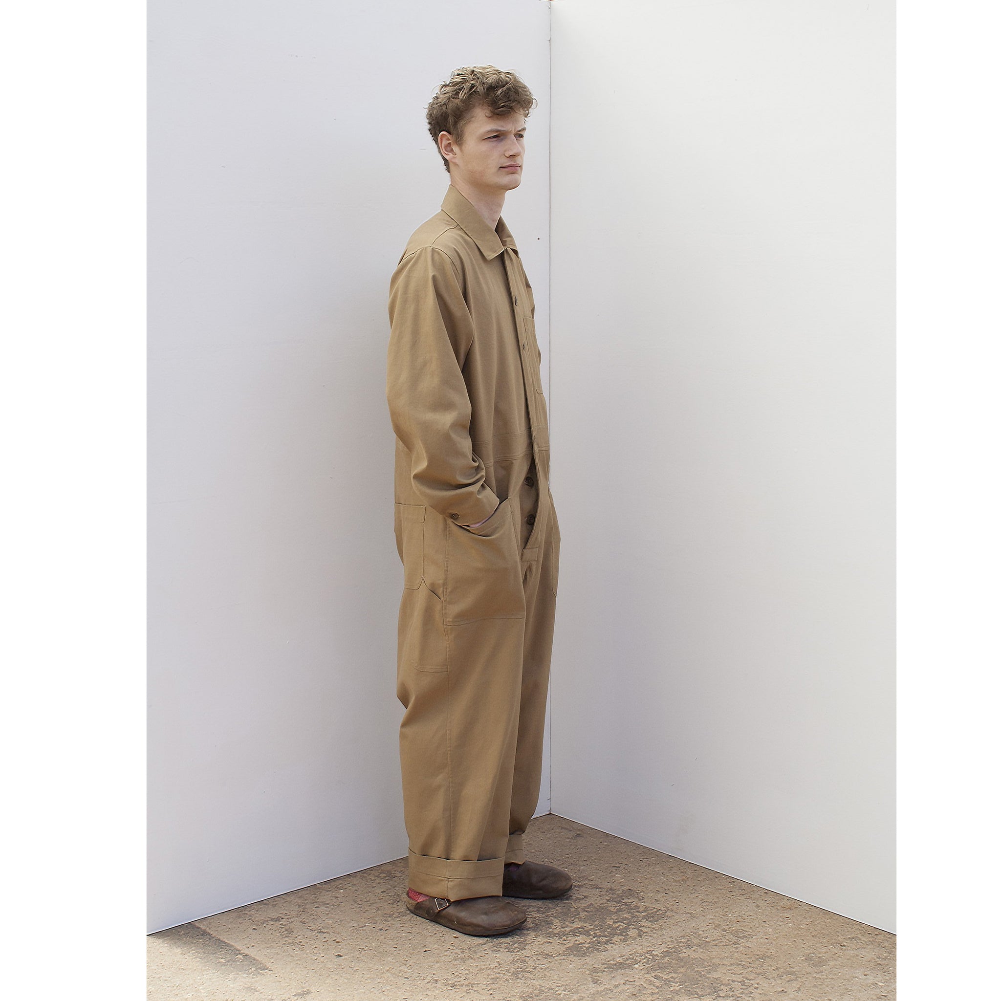 side view of pajotten UK sustainable menswear tan cotton overalls