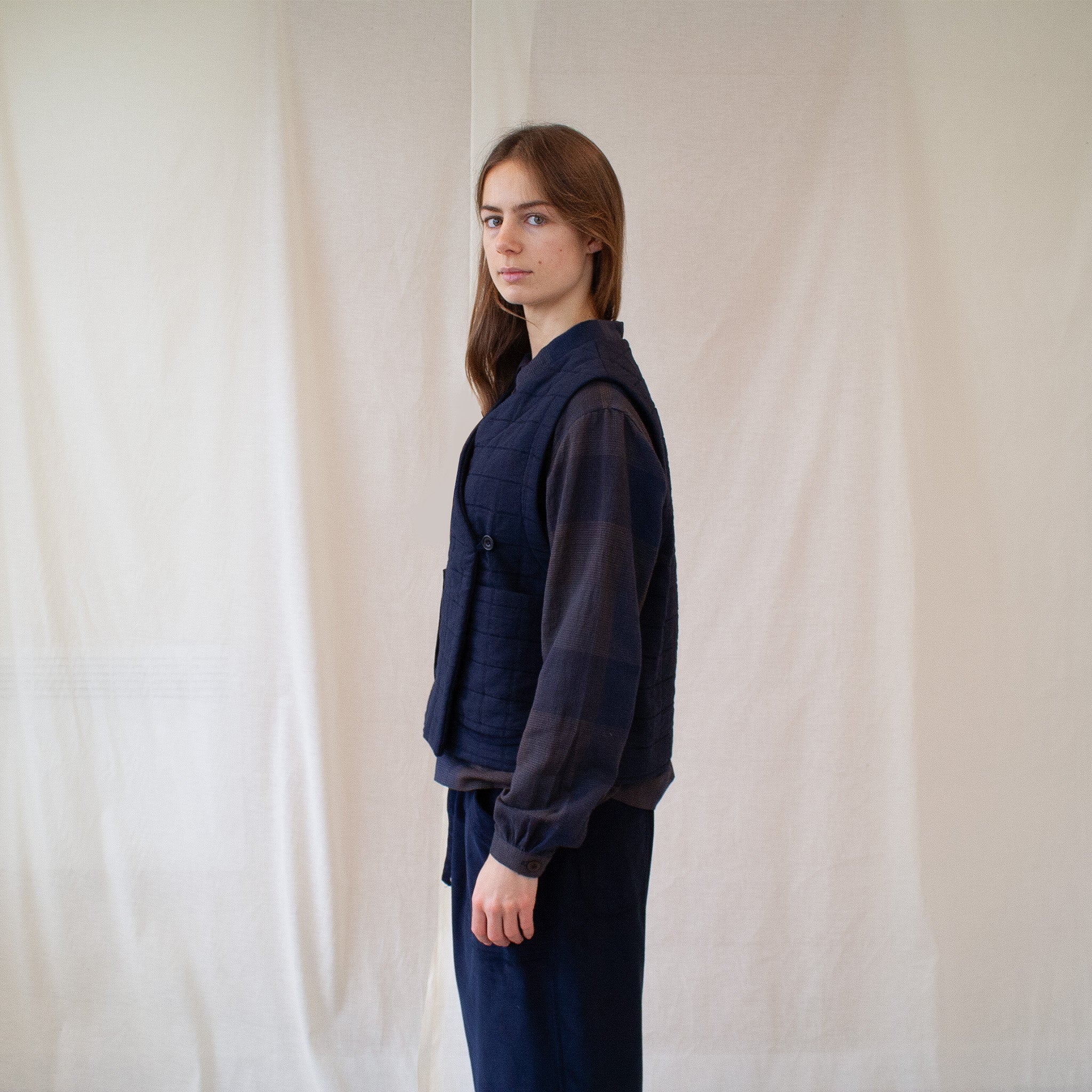 quilted waistcoat navy cotton/linen