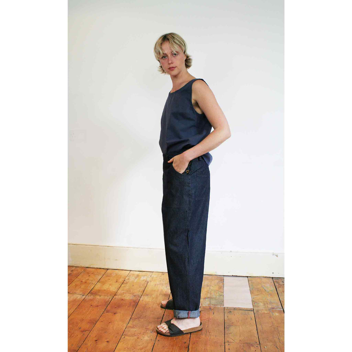 Side button jean indigo denim