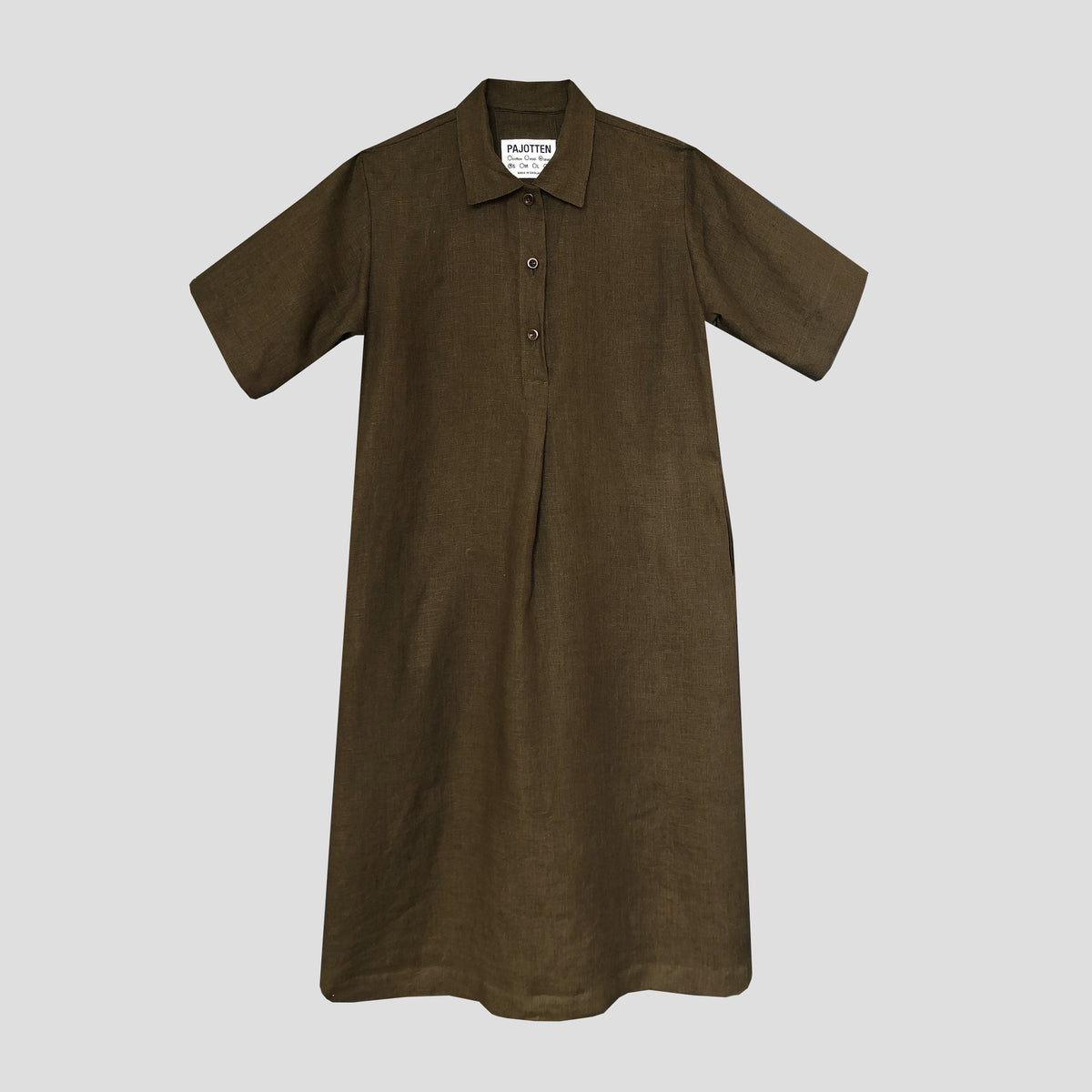 An olive brown short-sleeve linen shirt dress with a buttoned collar, displayed flat against a light gray background.