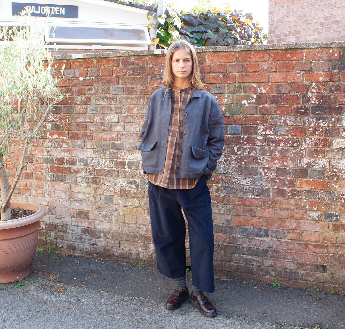 Yard shirt brown check cotton/linen