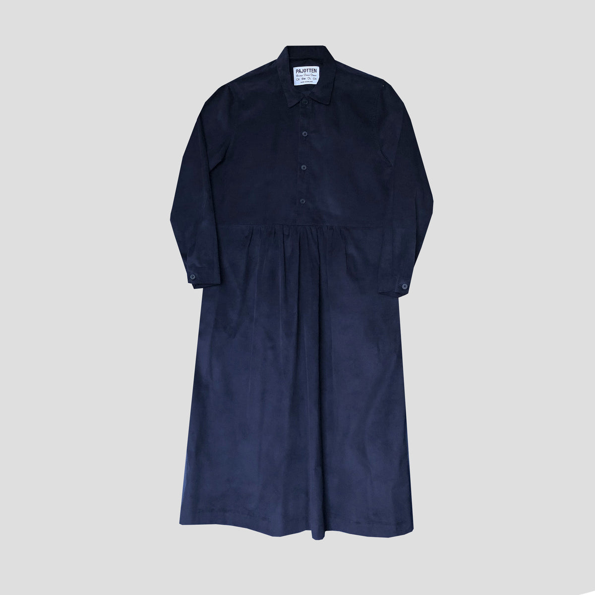 A dark navy blue long-sleeve shirt dress with a button-down front and collar, displayed flat against a light gray background.