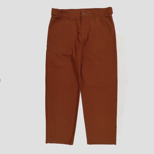 front view of a pair of brown cotton canvas chore trousers made by Pajotten