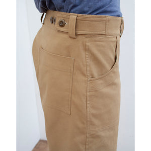 close up side view of British sustainably made menswear chore trousers