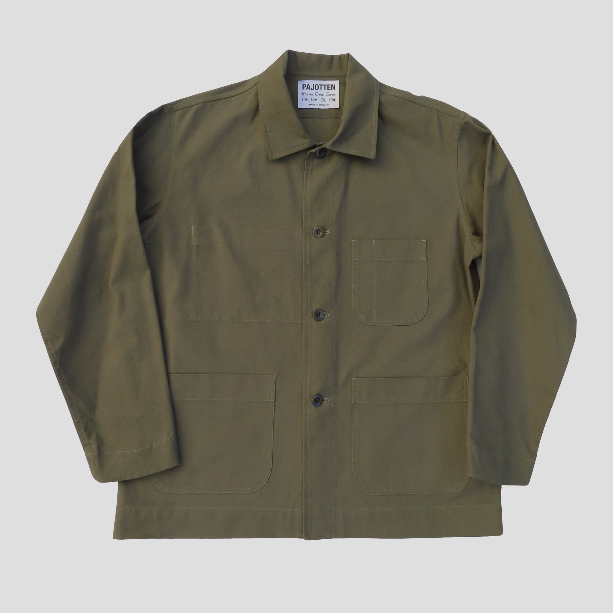 front view of a mens sage green traditional chore jacket with three outer pockets made sustainably in the UK
