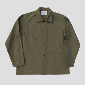 front view of a mens sage green traditional chore jacket with three outer pockets made sustainably in the UK