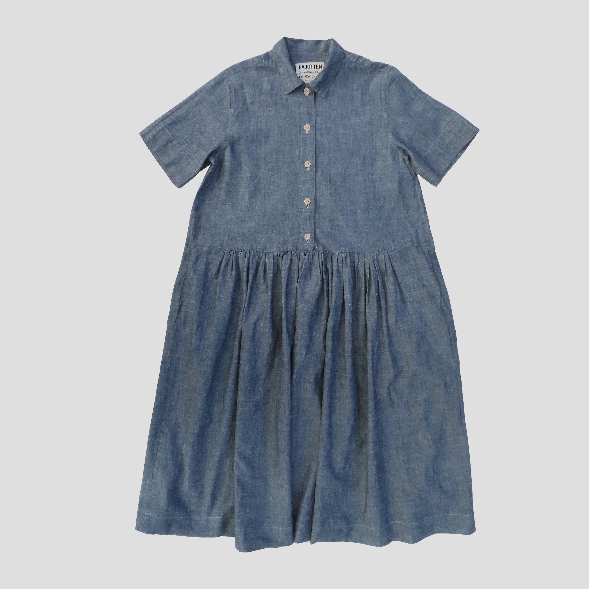 Short Sleeved Field Dress in cotton/hemp chambray - Blue