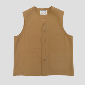 flat image of a mens tan coloured waistcoat made in a soft brushed cotton canvas